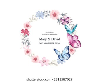 Watercolor flower circle background butterfly design vector eps 