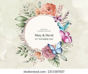 Watercolor flower circle background butterfly design vector eps 