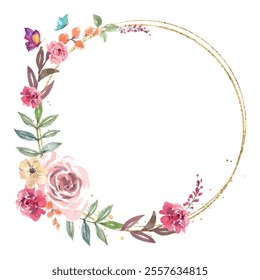 Watercolor flower circle frame for wedding, birthday, card, background, invitation, wallpaper, sticker, decoration etc.