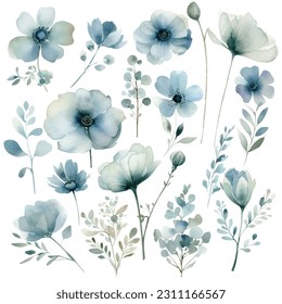 Colección de flores acuáticas: Ilustraciones florales azules para diseños de novias simples y elegantes, fondo de escritorio, saludos, fondos de escritorio, moda