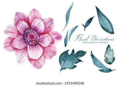 watercolor flower decoration with leaves elements collection