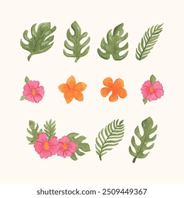 Watercolor flower decoration with pink flowers and jungle leaves with Tropical leaves