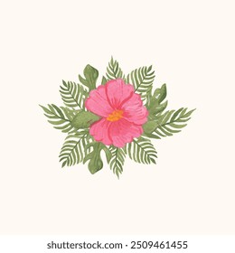 Watercolor flower decoration with pink flowers and jungle leaves with Tropical leaves