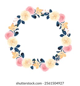 Watercolor flower frame, beautiful delicate wreath in neutral trendy colors. Elegant floral collection with isolated gentle leaves and delicate