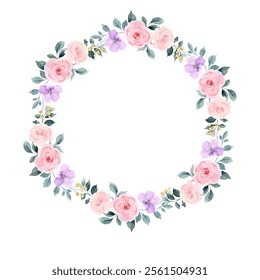 Watercolor flower frame, beautiful delicate wreath in neutral trendy colors. Elegant floral collection with isolated gentle leaves and delicate