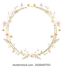 Watercolor flower frame with gold circle frame.
