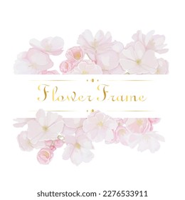 watercolor flower frame made of gold with realistic pink peach cherry flowers. Isolated element on white background. Hand drawn vector illustration. Greeting card, wedding, birthday design template. 