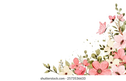 Watercolor flower frame pink pastel color, floral border isolated on a white background.
