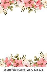 Watercolor flower frame pink pastel color, floral border isolated on a white background.