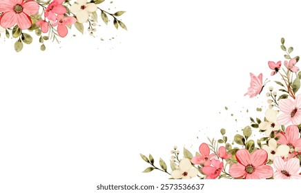 Watercolor flower frame pink pastel color, floral border isolated on a white background.