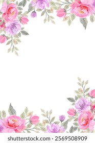 Watercolor flower frame pink and purple color, blooming beautiful flower for design.