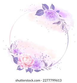 Watercolor flower frame with purple and pink roses and round leaves. Template for wedding, birthday, greeting invitation card design. Hand-drawn vector illustration 