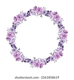 Watercolor flower frame with purple  flower and round leaves. 