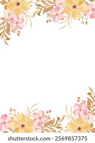 Watercolor flower frame soft color pink and yellow, floral border for design.