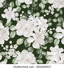 watercolor flower gardenia white and leaves seamless pattern