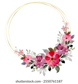 Watercolor flower gold frame for wedding, birthday, card, background, invitation, wallpaper, sticker, decoration etc.