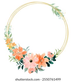 Watercolor flower gold frame for wedding, birthday, card, background, invitation, wallpaper, sticker, decoration etc.