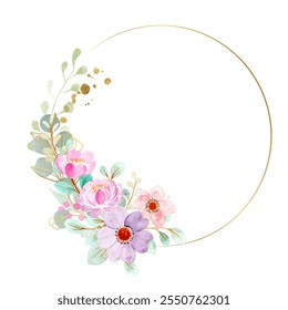 Watercolor flower gold frame for wedding, birthday, card, background, invitation, wallpaper, sticker, decoration etc.