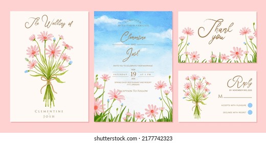 Watercolor flower hand bouquet landscape wedding invitation set template