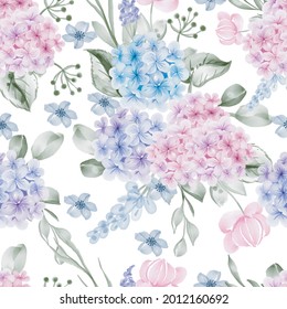 Watercolor Flower Hydrangea Leaves Seamless Pattern Stock Vector ...