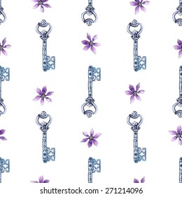 Watercolor flower and key pattern for beautiful design, seamless background, Vector