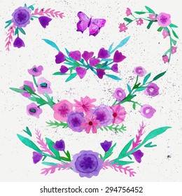 Watercolor flower laurel wreath set with butterfly. Watercolor Flower Wreath. Hand drawn vector leaves and flowers  in pink colors.