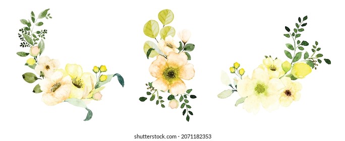 Watercolor flower and leaves bouquets set. Botanic composition watercolor hand-painted isolated on white background, suitable for card design, wedding, invitations, greeting, Save the date.