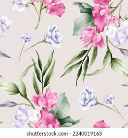 watercolor flower and leaves seamless pattern