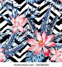 Watercolor flower lotus with of trendy blue floral plant jungle tropic palm tree and banana leaf. Print wallpaper paradise summer hand drawn vector seamless pattern. Black and white zig zag background