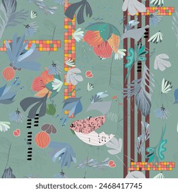 Watercolor flower motif background. Hand painted earthy whimsical seamless pattern. Modern floral linen textile for spring summer home decor. Decorative scandi style colorful nature all over print.
