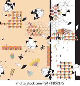 Watercolor flower motif background. Hand painted earthy whimsical seamless pattern. Modern floral linen textile, scarf, style, fashion, textile, cover style colorful nature all over print. Trendy