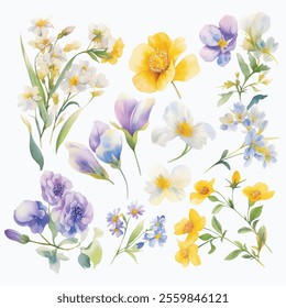 Watercolor Flower, Painting on canvas, Illustration, Isolated Vector Colorful Flowers