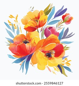 Watercolor Flower, Painting on canvas, Illustration, Isolated Vector Colorful Flowers