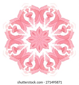 Watercolor Flower Pink Blossom Mandala. Lace circular ornament on white background. Oriental Geometric circle element. Vector illustration.