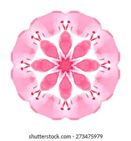 Watercolor Flower Pink Blossom Mandala. Lace circular ornament on white background. Oriental Geometric circle element. Vector illustration.