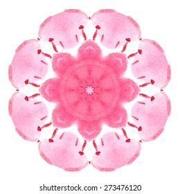 Watercolor Flower Pink Blossom Mandala. Lace circular ornament on white background. Oriental Geometric circle element. Vector illustration.