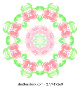 Watercolor Flower Pink and Green Blossom Mandala. Lace circular ornament on white background. Oriental Geometric circle element. Vector illustration.
