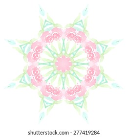 Watercolor Flower Pink and Green Blossom Mandala. Lace circular ornament on white background. Oriental Geometric circle element. Vector illustration.