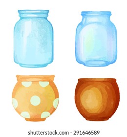 Watercolor flower pot, glass jar, vase, closeup isolated on white background. Art design elements set
