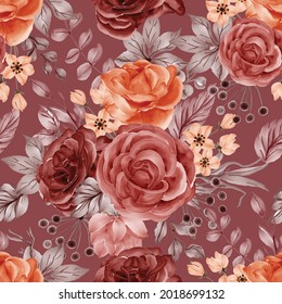 Watercolor Flower Rose Autumn Fall Seamless Pattern