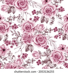 watercolor flower rose pink gold and leaves seamless pattern