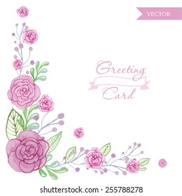 Watercolor flower roses greeting card. Vector illustration
