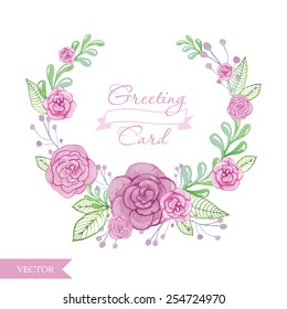 Watercolor flower roses wreath. Floral frame vector illustration