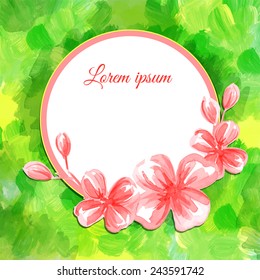 Watercolor flower rounded frame. Green Vector Background. 