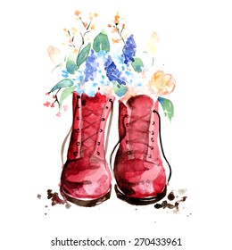 Watercolor flower in shoes, vector