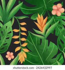 Watercolor flower and tropical leaves seamless pattern