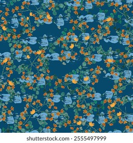 Watercolor flower vector continuous, seamless watercolor flower, floral pattern, flowing repeat pattern, blue and green floral for textile, fashion, fabric, scarf, pattern. 