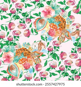 Watercolor flower vector continuous, seamless watercolor flower, floral pattern, flowing repeat pattern, blue and green floral for textile, fashion, fabric, scarf, pattern. 