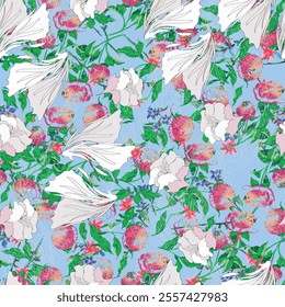 Watercolor flower vector continuous, seamless watercolor flower, floral pattern, flowing repeat pattern, blue and green floral for textile, fashion, fabric, scarf, pattern. 