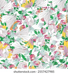 Watercolor flower vector continuous, seamless watercolor flower, floral pattern, flowing repeat pattern, blue and green floral for textile, fashion, fabric, scarf, pattern. 